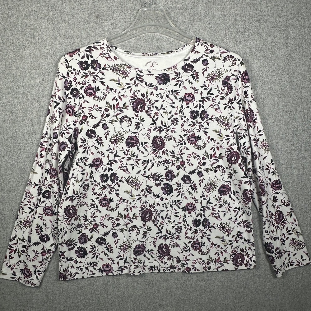 White Stag XL Cotton Womens Top Long Sleeve Floral White Purple 100% Cotton Crew